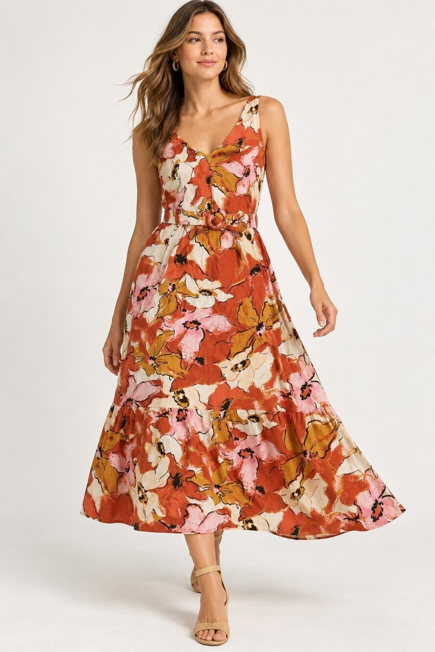 Nine West XL Linen Blend Floral Belted Maxi Dress Sleeveless Boho Tiered Orange